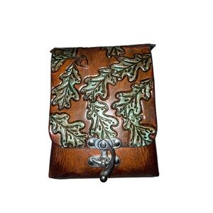 Brown and Green Leaf Hand Tooled Embossed Leather Belt Bag